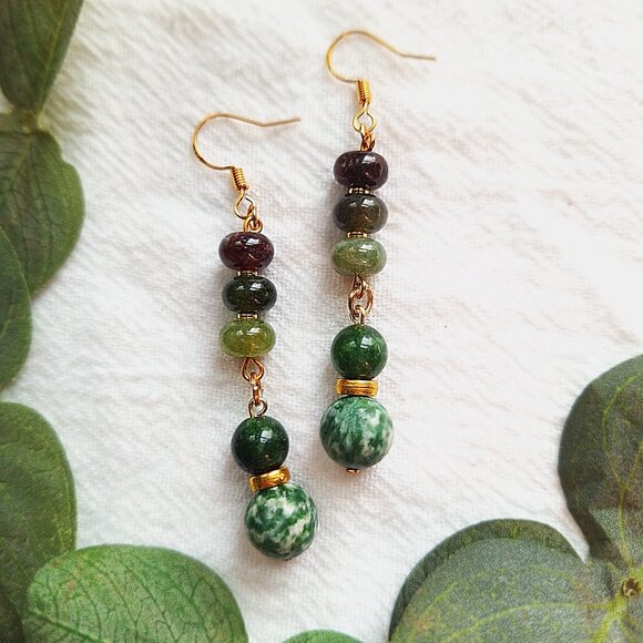 Tourmaline Crystal Earrings, Earthy Whimsigoth Earrings, Cottagecore Herbalist - Picture 3 of 8